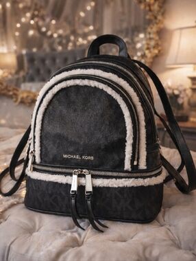 Michael Kors Rhea Black Shearling Trim Mini Backpack Silver Hardware